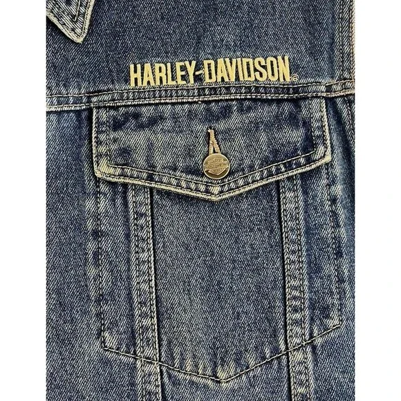 Harley Davidson Motorcycles Embroidered Patch Denim Vest Jacket Blue Mens XL - Picture 6 of 10